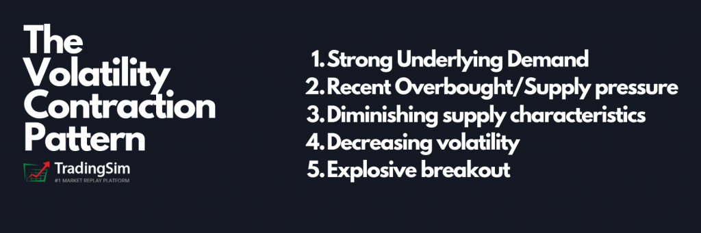 The Volatility Contraction Pattern Criteria:Strong Underlying Demand Recent Overbought/Supply pressure Diminishing supply characteristics Decreasing volatility Explosive breakout 