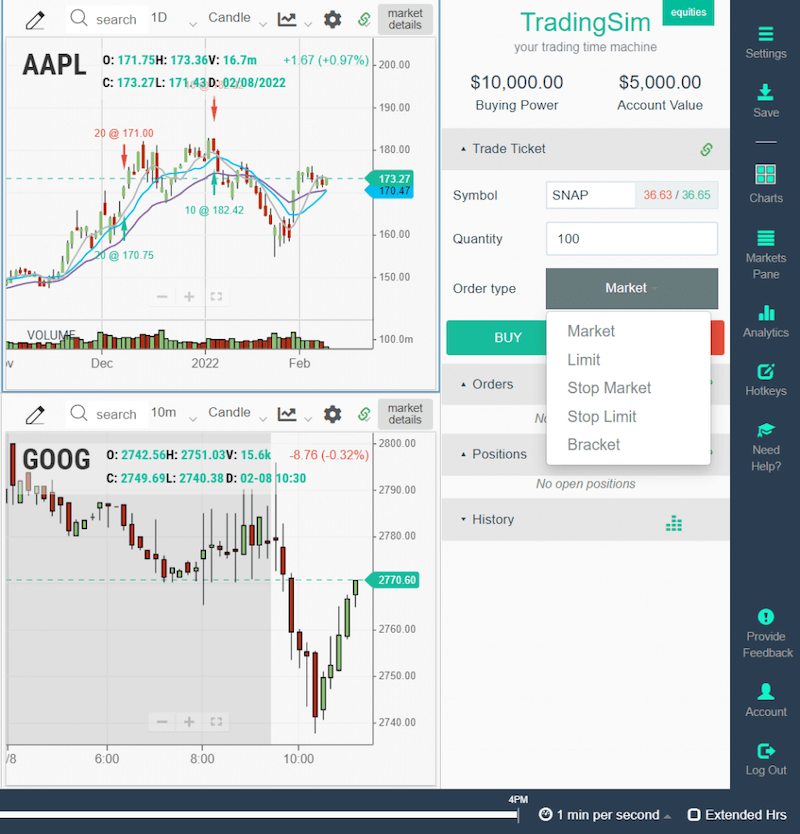 Different order types inside a paper trading app